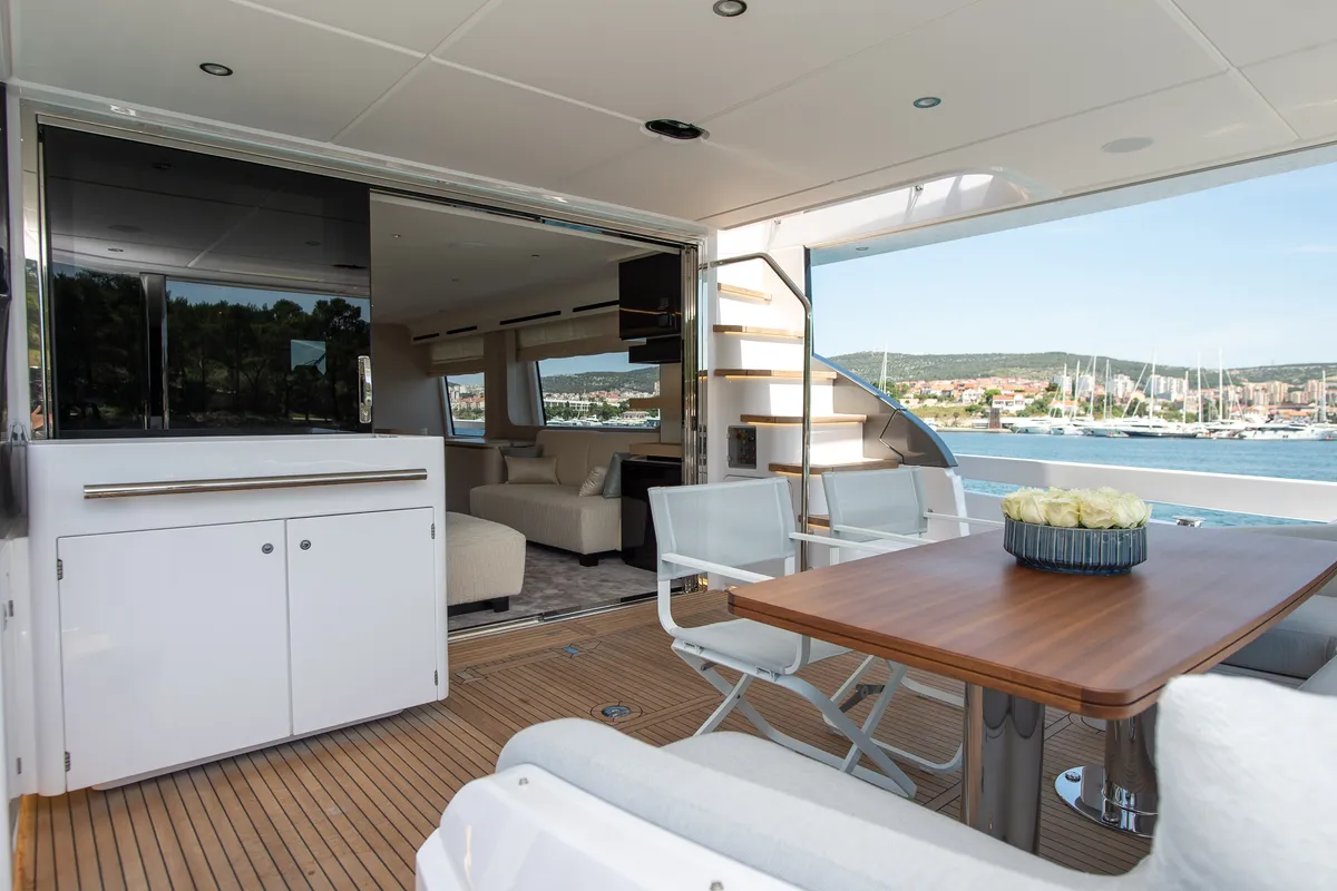 Deck of PREWI, a Azimut 78 Fly motor yacht at Grad Šibenik, Croatia