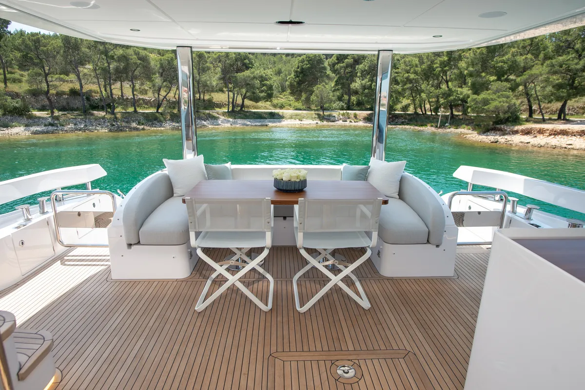 Deck of PREWI, a Azimut 78 Fly motor yacht at Grad Šibenik, Croatia