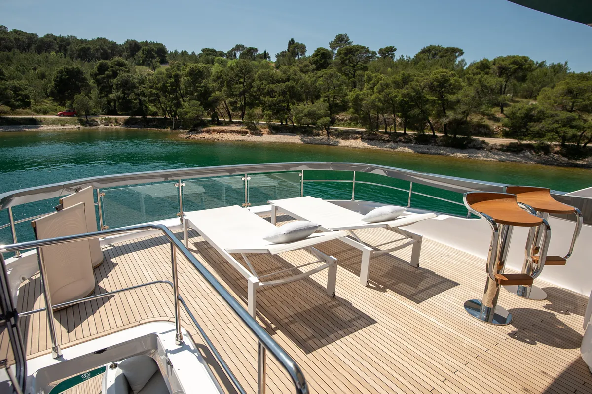 Deck of PREWI, a Azimut 78 Fly motor yacht at Grad Šibenik, Croatia