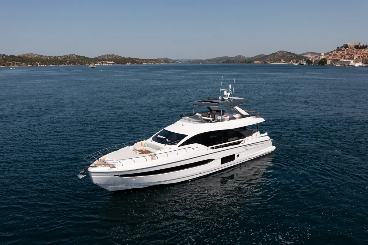 Exterior view of PREWI, a Azimut 78 Fly motor yacht at Grad Šibenik, Croatia