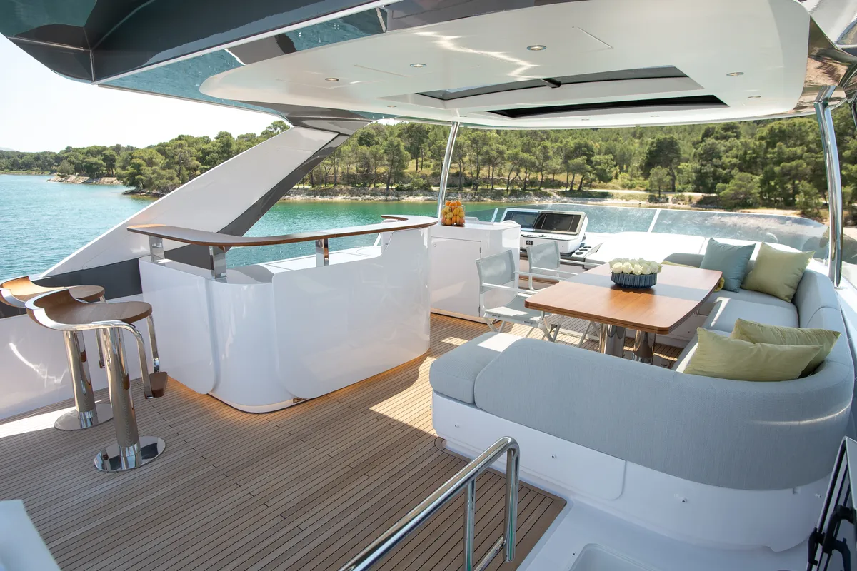 Deck of PREWI, a Azimut 78 Fly motor yacht at Grad Šibenik, Croatia