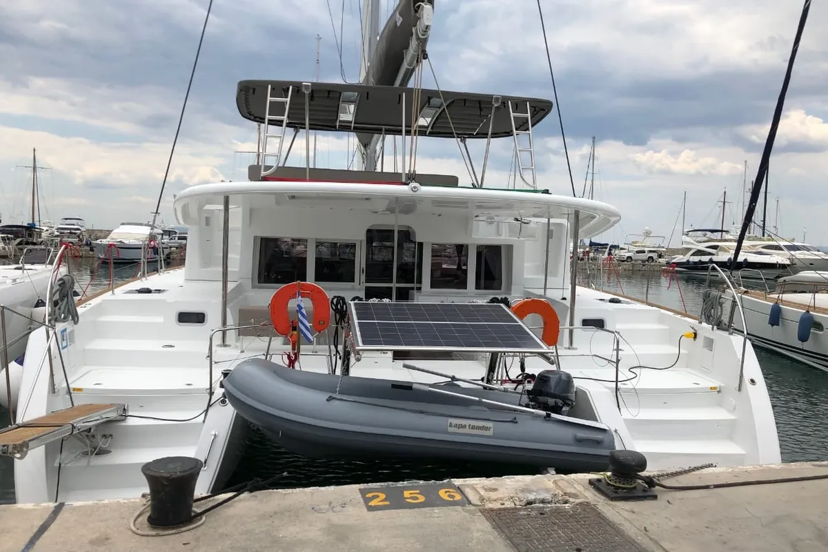 Exterior view of Aristofanis, a Lagoon 450 F catamaran at Municipal Unit of Lefkada, Greece