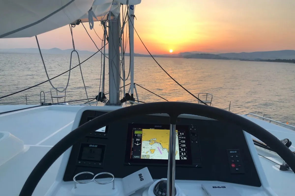 Cockpit of Aristofanis, a Lagoon 450 F catamaran at Municipal Unit of Lefkada, Greece
