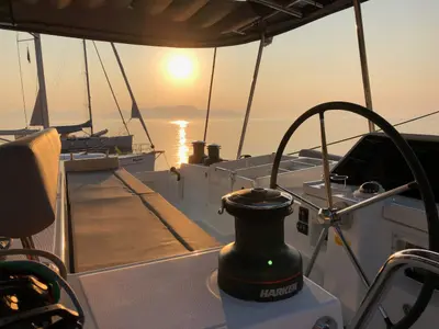 Cockpit of Aristofanis, a Lagoon 450 F catamaran at Municipal Unit of Lefkada, Greece