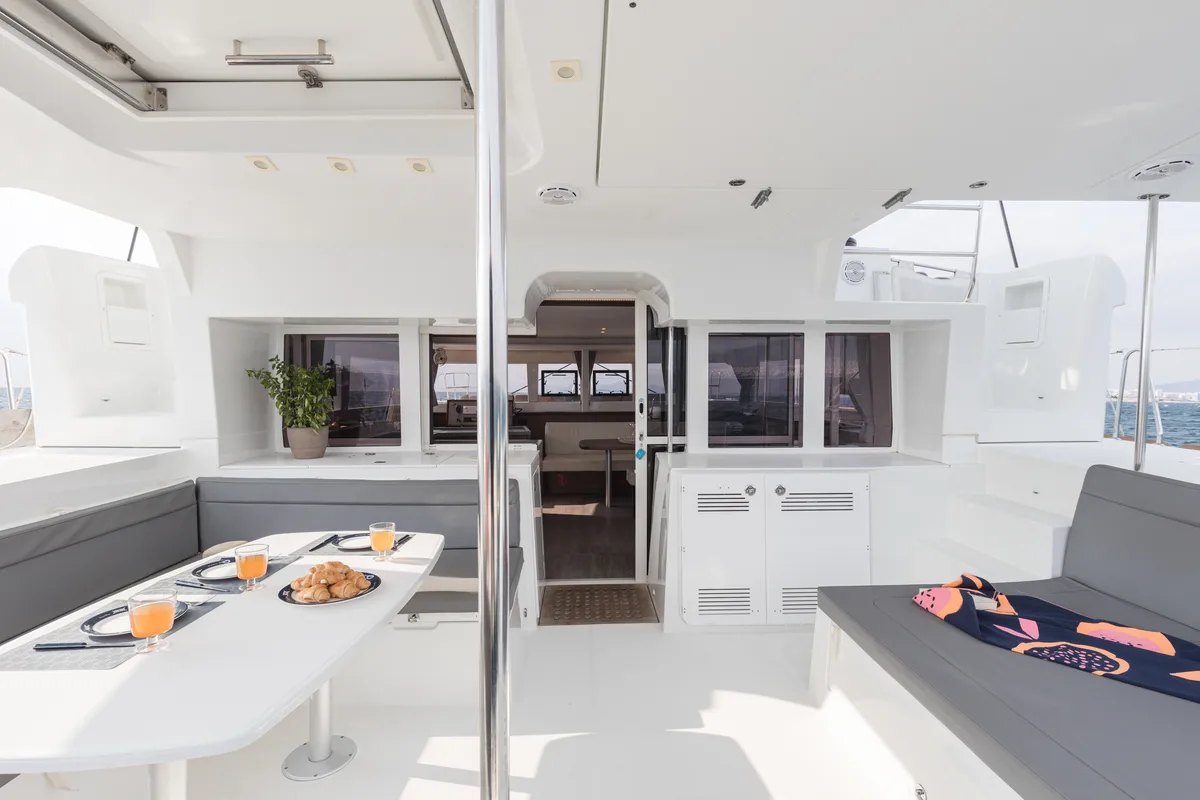 Deck of Myrto, a Lagoon 450 Fly catamaran at Preveza, Greece