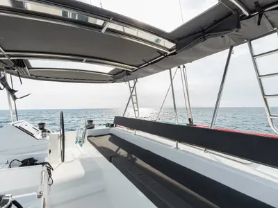 Deck of Myrto, a Lagoon 450 Fly catamaran at Preveza, Greece