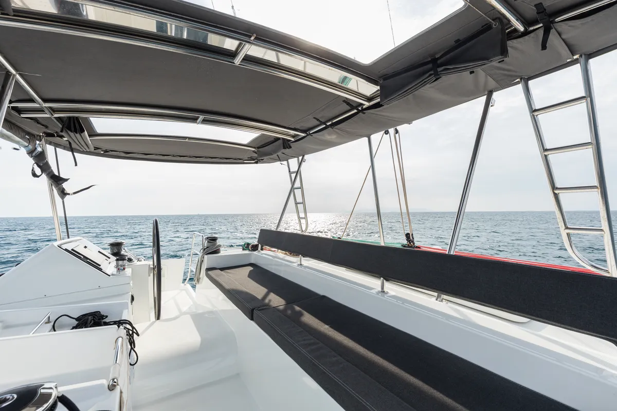 Deck of Myrto, a Lagoon 450 Fly catamaran at Preveza, Greece