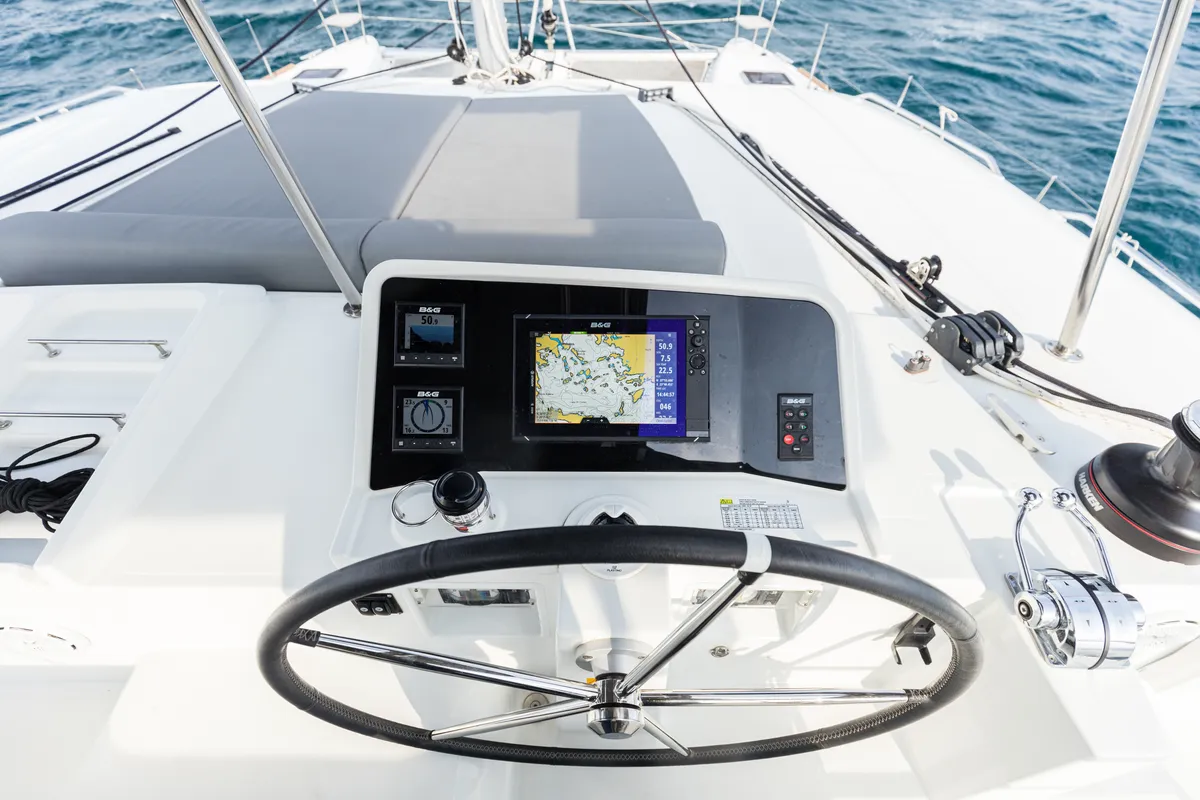 Cockpit of Myrto, a Lagoon 450 Fly catamaran at Preveza, Greece