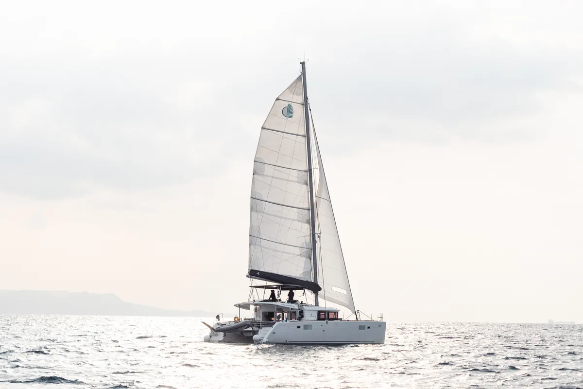 Exterior view of Myrto, a Lagoon 450 Fly catamaran at Preveza, Greece