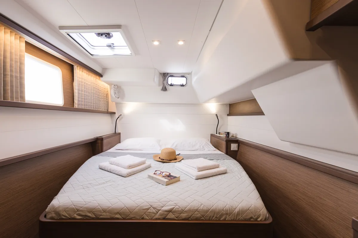Cabin on Myrto, a Lagoon 450 Fly catamaran at Preveza, Greece