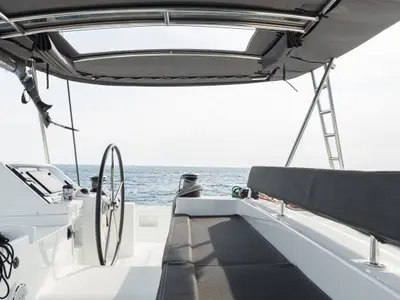 Cockpit of Myrto, a Lagoon 450 Fly catamaran at Preveza, Greece
