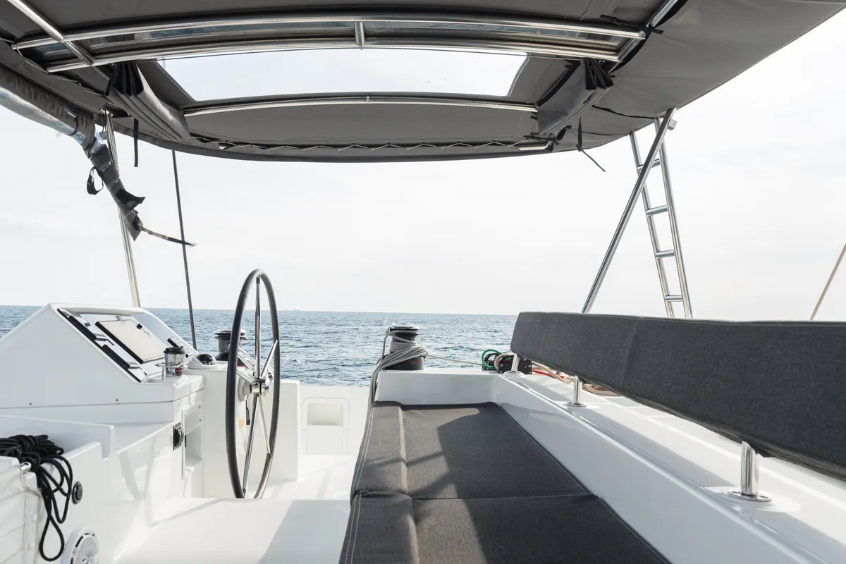 Cockpit of Myrto, a Lagoon 450 Fly catamaran at Preveza, Greece