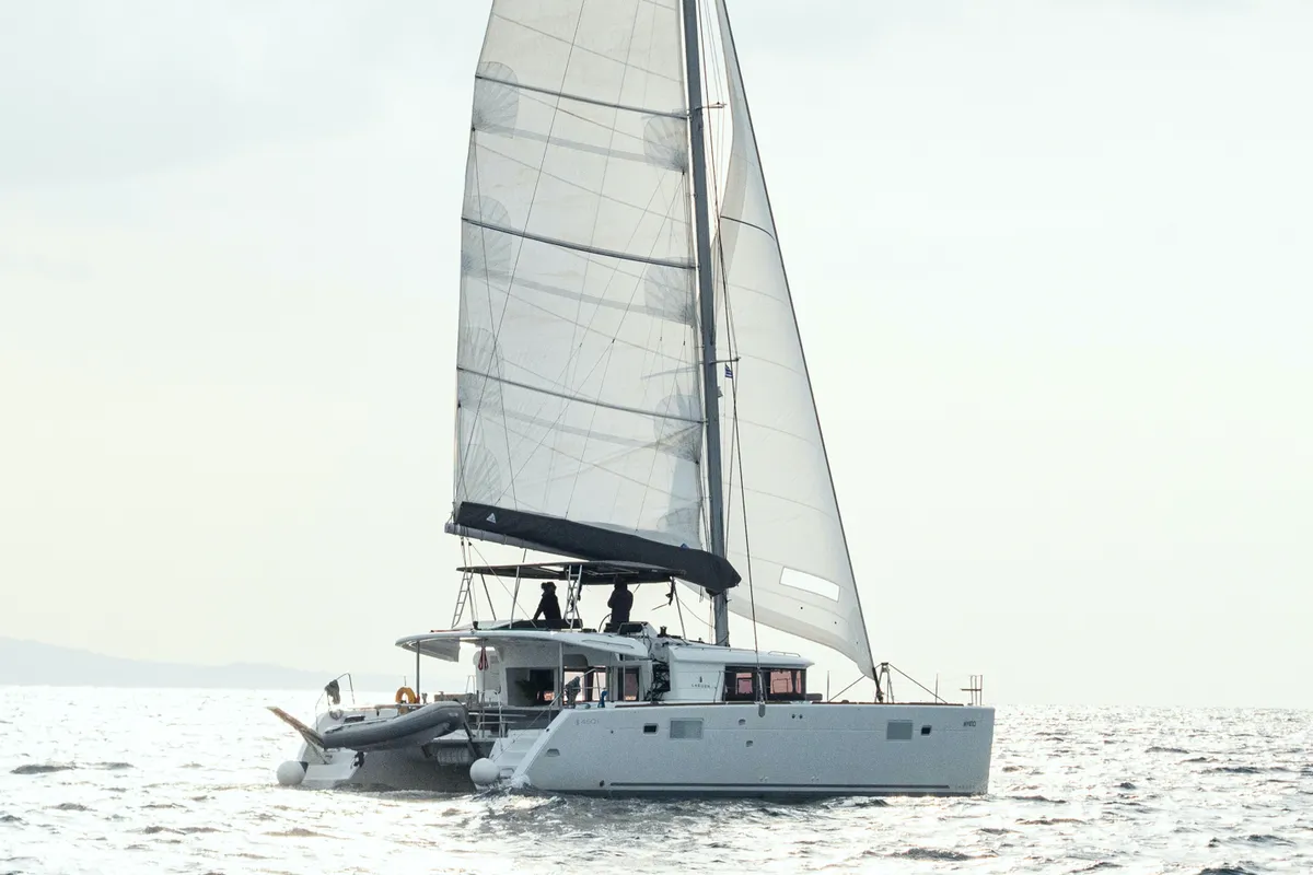 Exterior view of Myrto, a Lagoon 450 Fly catamaran at Preveza, Greece