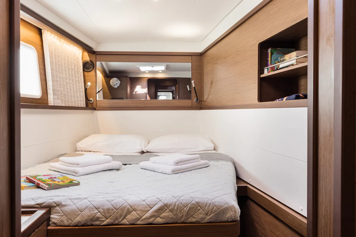 Cabin on Myrto, a Lagoon 450 Fly catamaran at Preveza, Greece