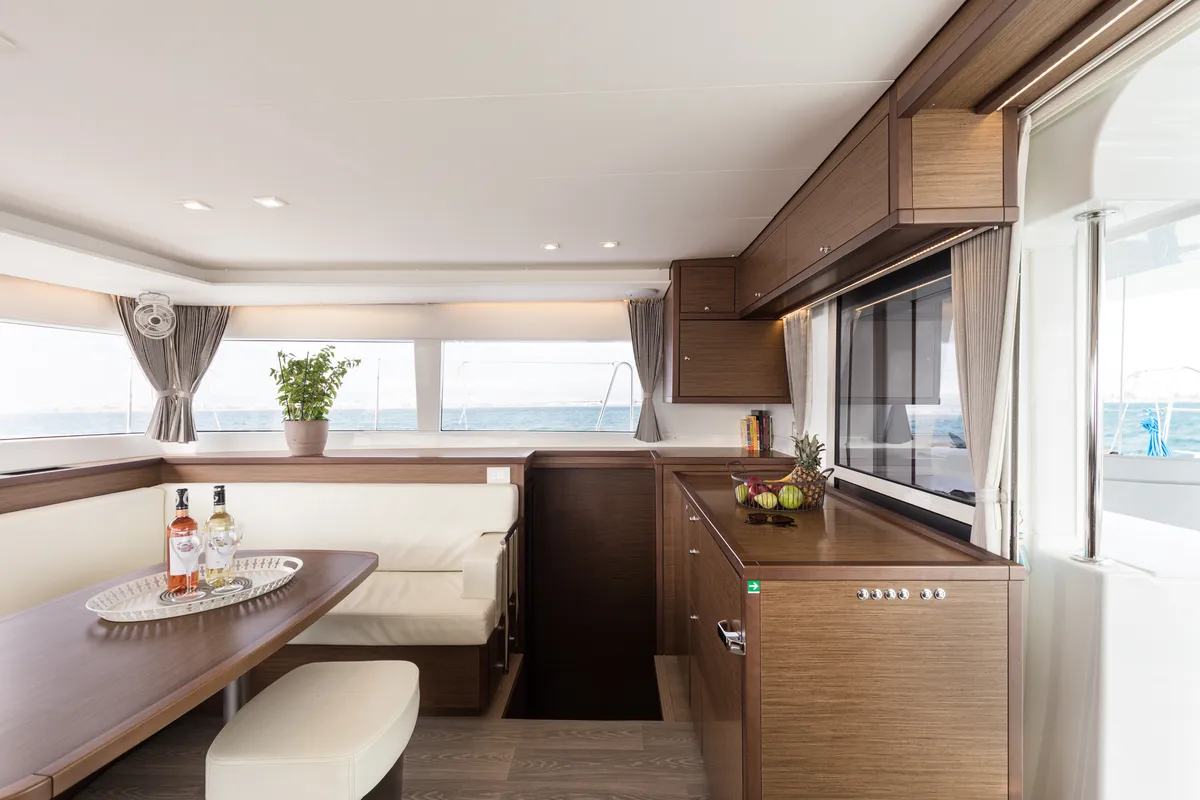 Salon of Myrto, a Lagoon 450 Fly catamaran at Preveza, Greece