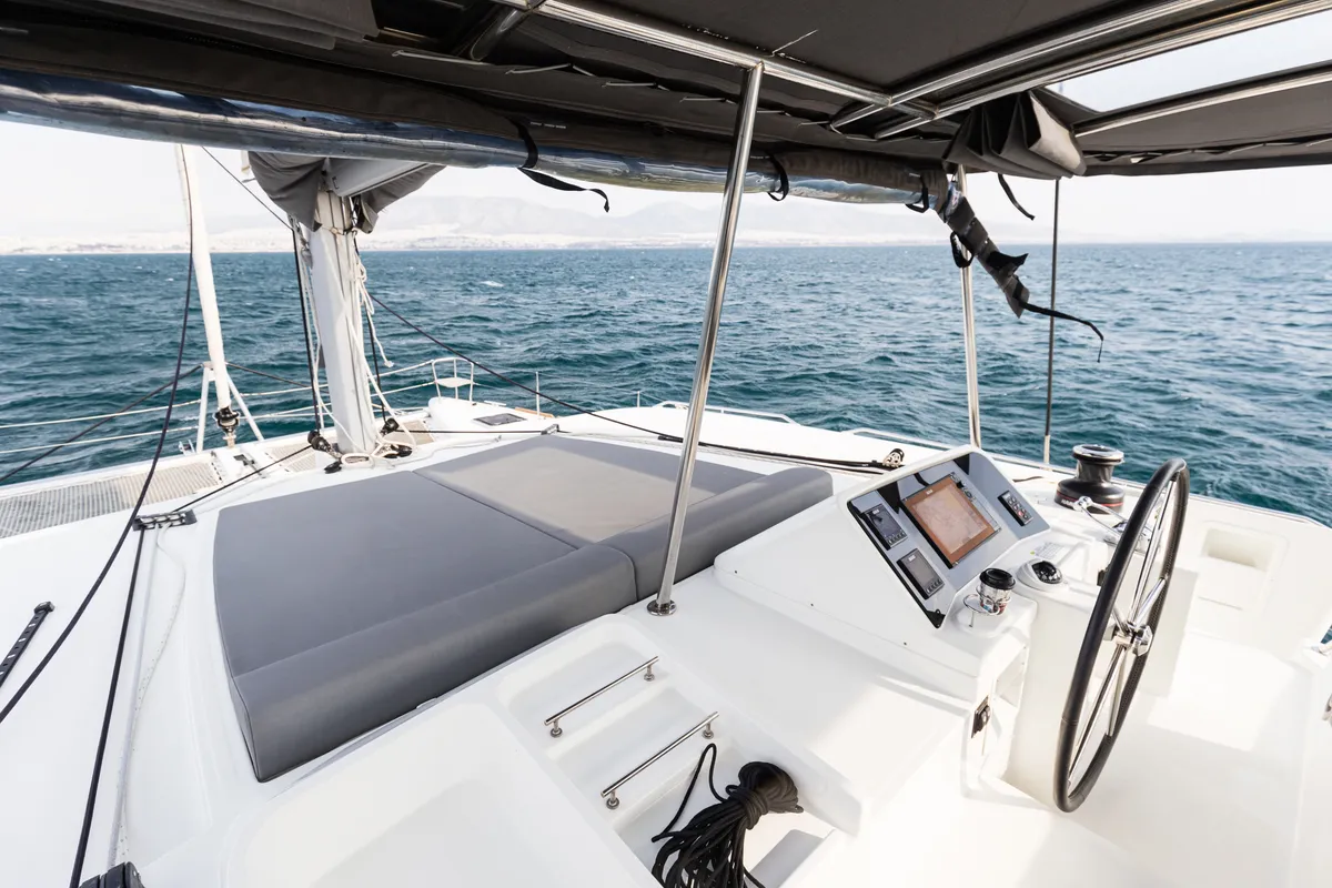Deck of Myrto, a Lagoon 450 Fly catamaran at Preveza, Greece