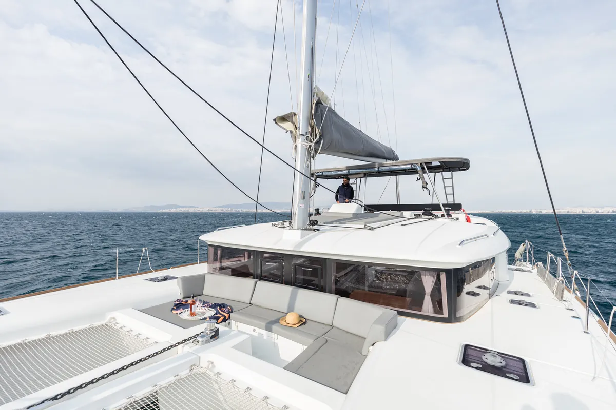 Deck of Myrto, a Lagoon 450 Fly catamaran at Preveza, Greece