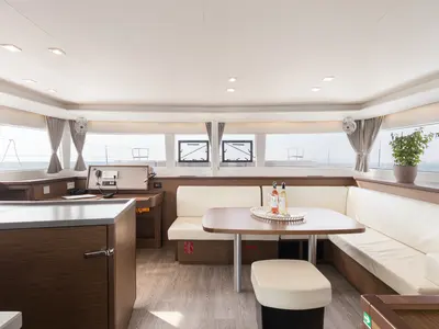 Salon of Myrto, a Lagoon 450 Fly catamaran at Preveza, Greece