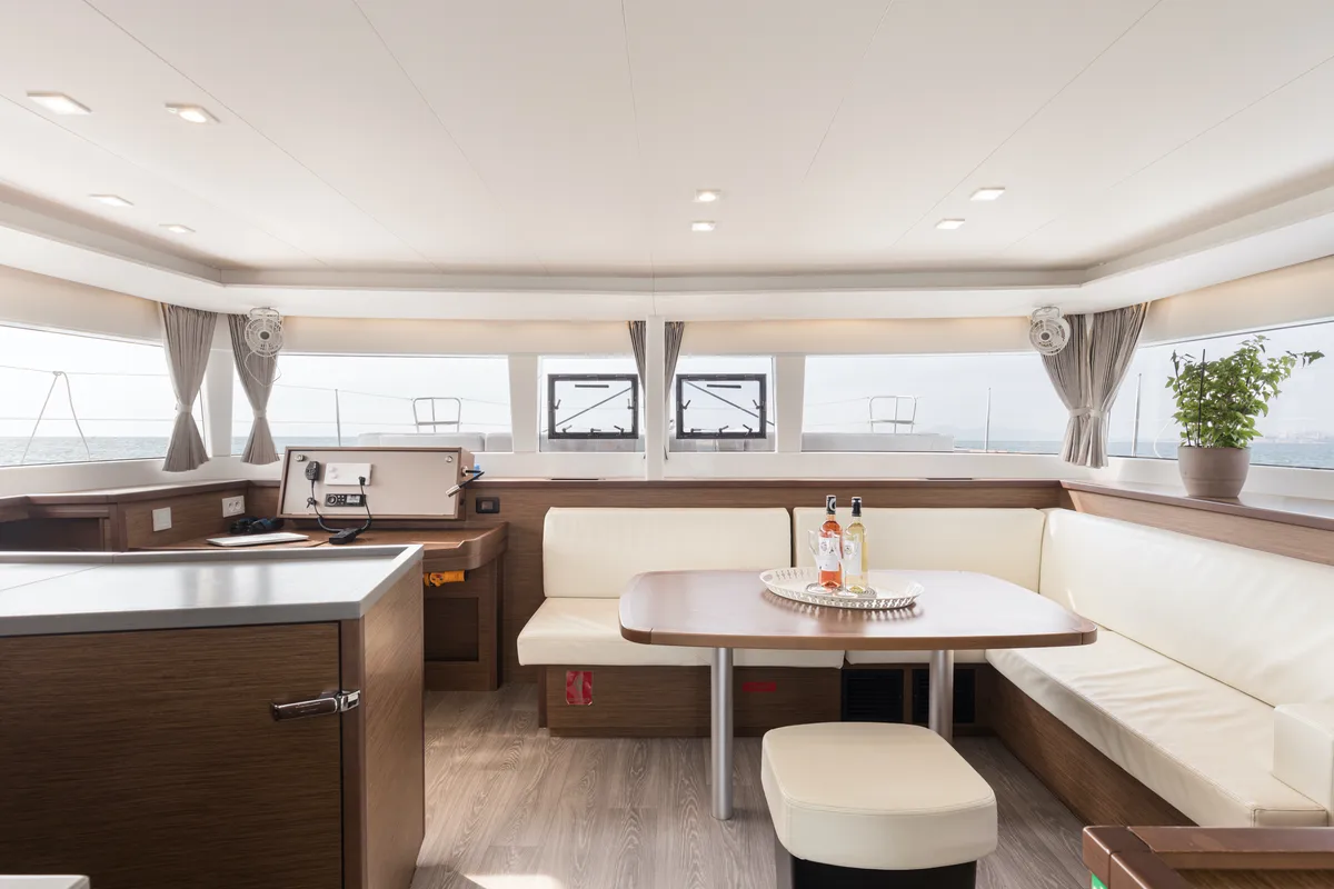 Salon of Myrto, a Lagoon 450 Fly catamaran at Preveza, Greece