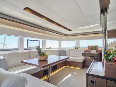 Salon of Andare Avanti, a Lagoon 50 catamaran at Nea Peramos, Greece