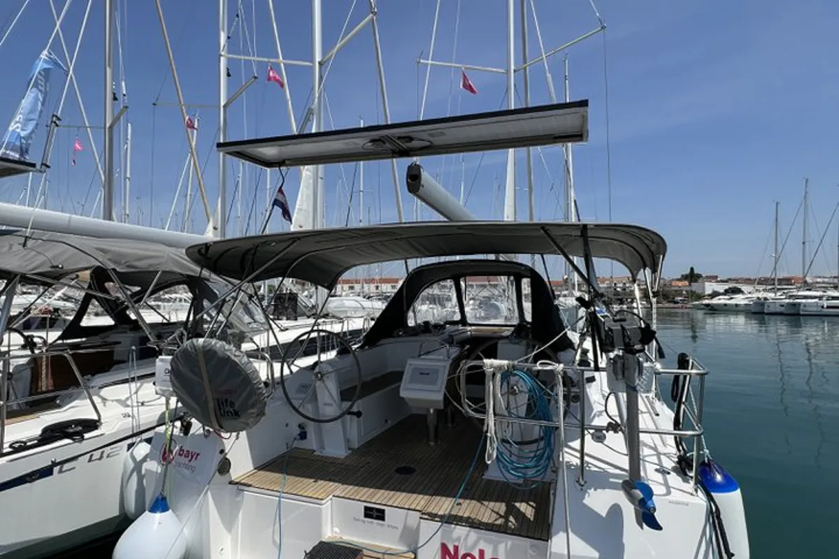 Exterior view of Nela, a Bavaria C38 sailboat at Pirovac, Croatia