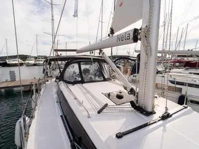 Cockpit of Nela, a Bavaria C38 sailboat at Pirovac, Croatia
