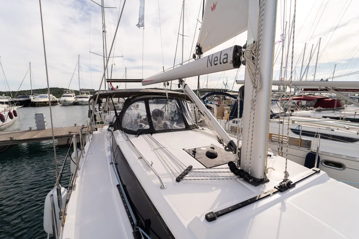 Cockpit of Nela, a Bavaria C38 sailboat at Pirovac, Croatia