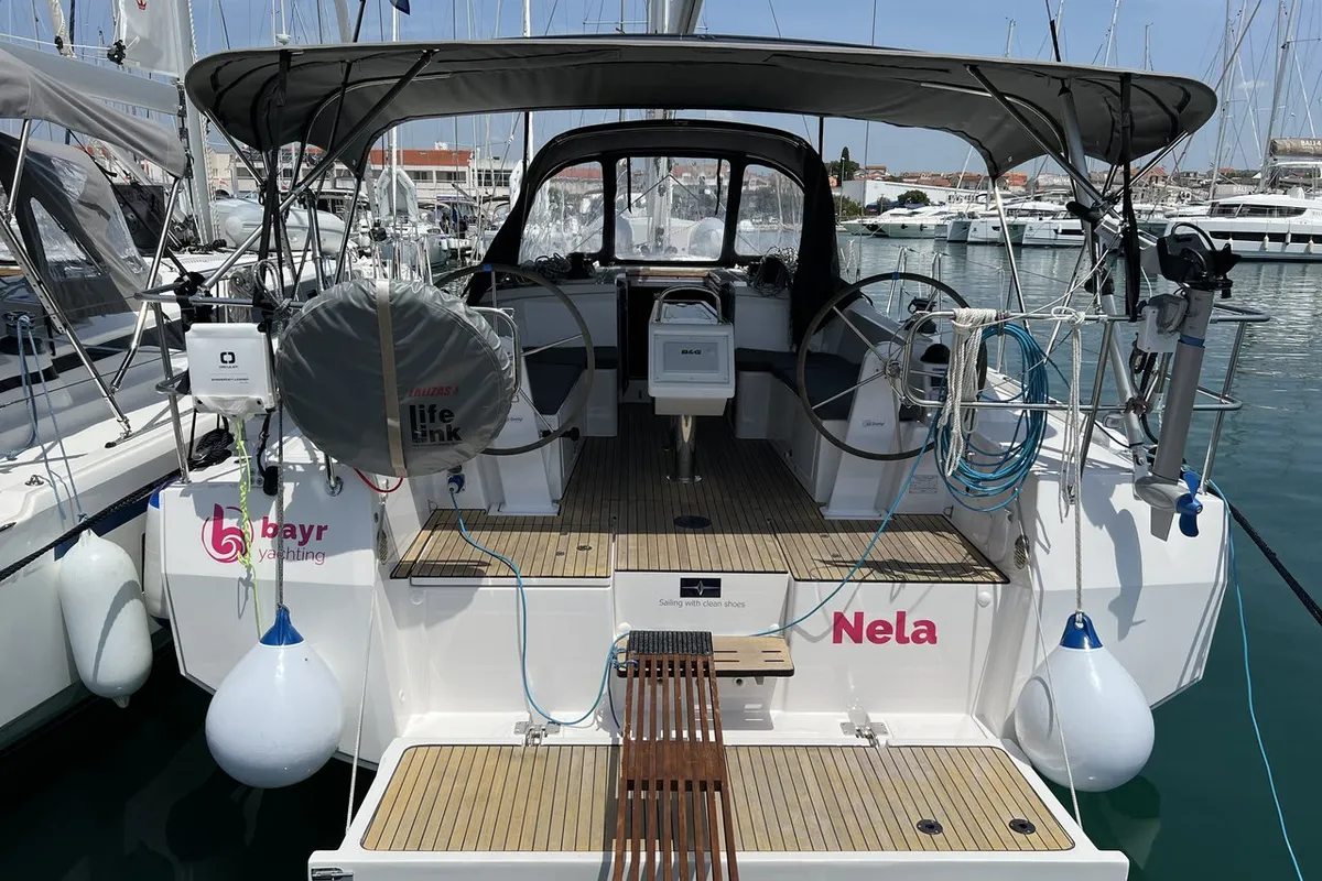 Exterior view of Nela, a Bavaria C38 sailboat at Pirovac, Croatia