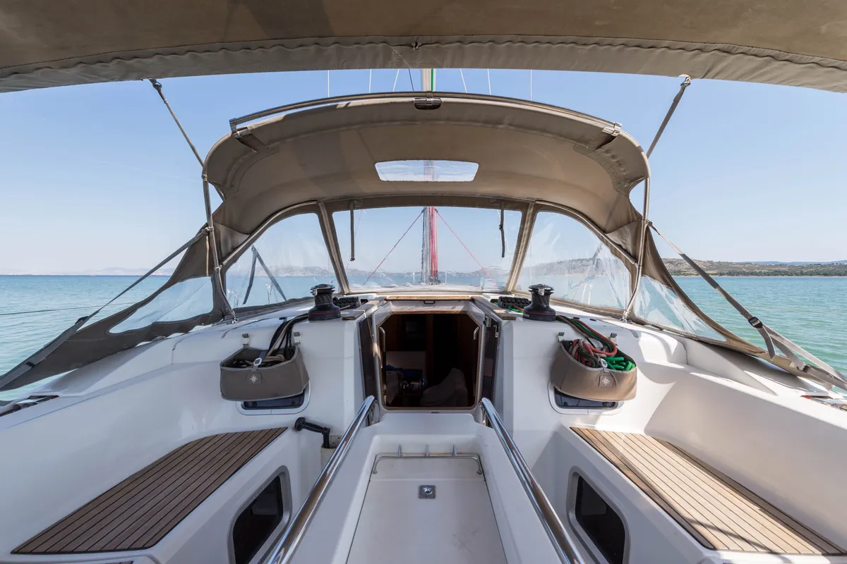 Cockpit of Vega, a Jeanneau Sun Odyssey 469 sailboat at Municipal Unit of Nea Peramos, Greece