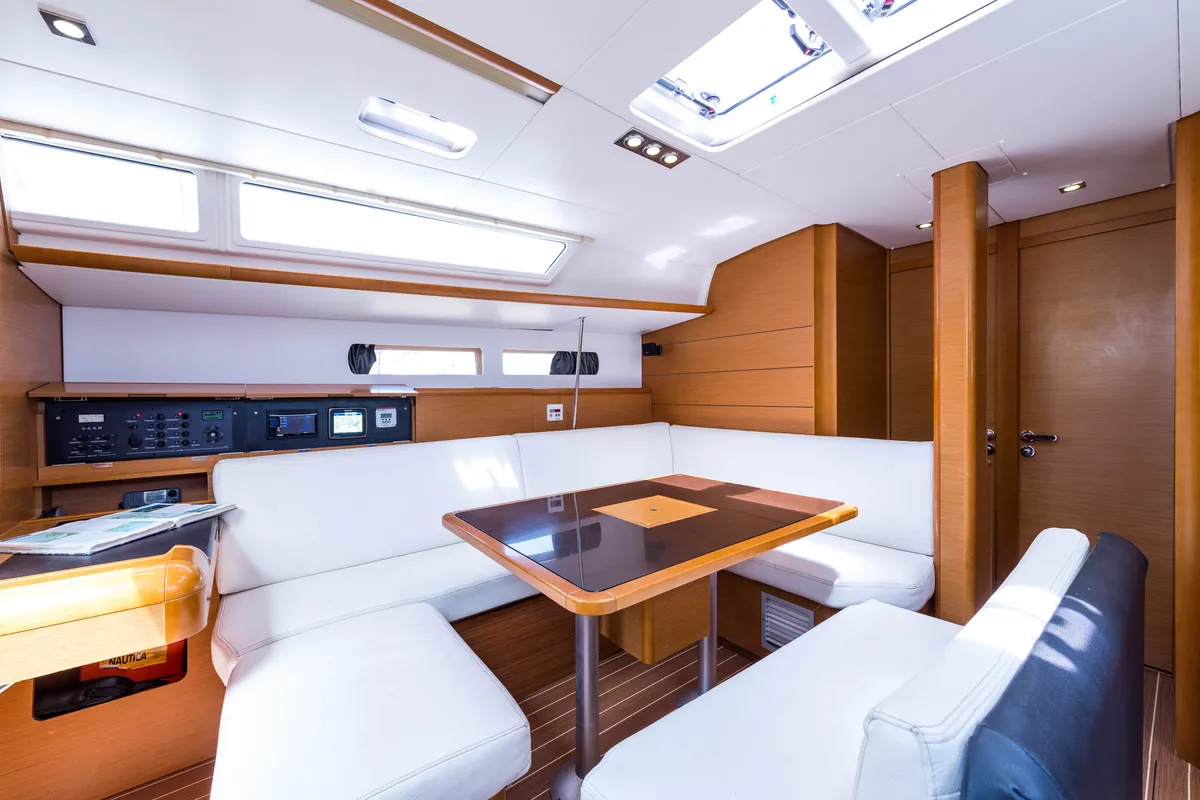 Salon of Vega, a Jeanneau Sun Odyssey 469 sailboat at Municipal Unit of Nea Peramos, Greece