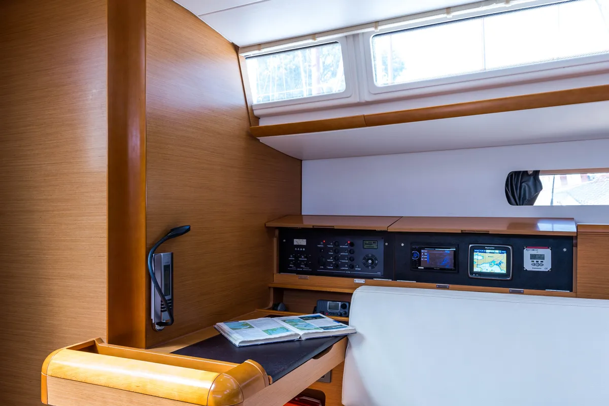 Salon of Vega, a Jeanneau Sun Odyssey 469 sailboat at Municipal Unit of Nea Peramos, Greece