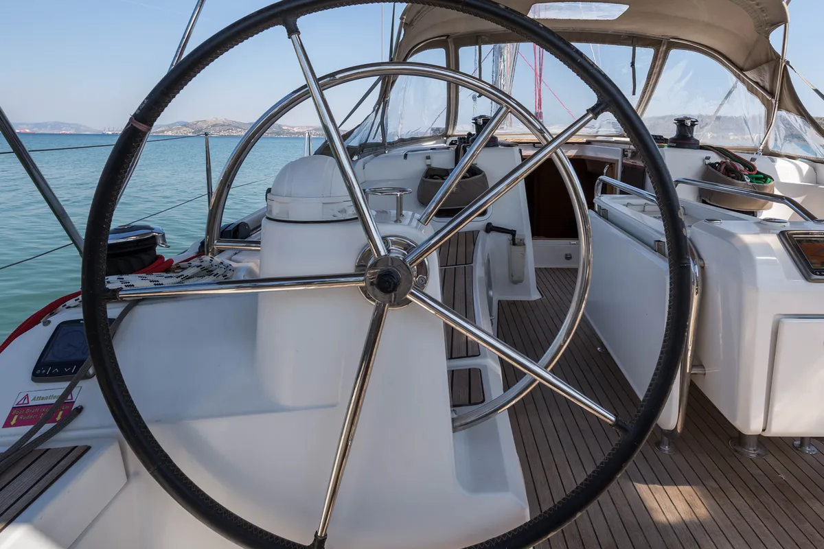 Cockpit of Vega, a Jeanneau Sun Odyssey 469 sailboat at Municipal Unit of Nea Peramos, Greece