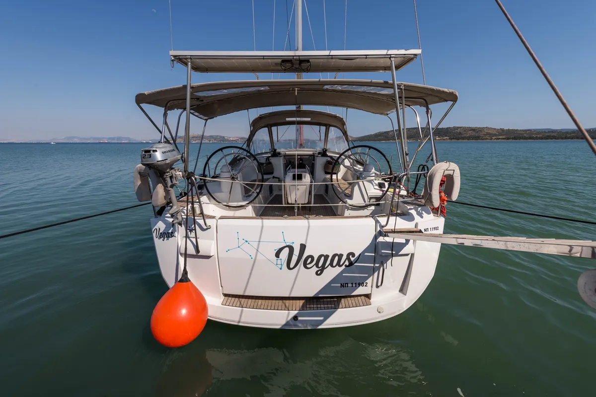 Exterior view of Vega, a Jeanneau Sun Odyssey 469 sailboat at Municipal Unit of Nea Peramos, Greece
