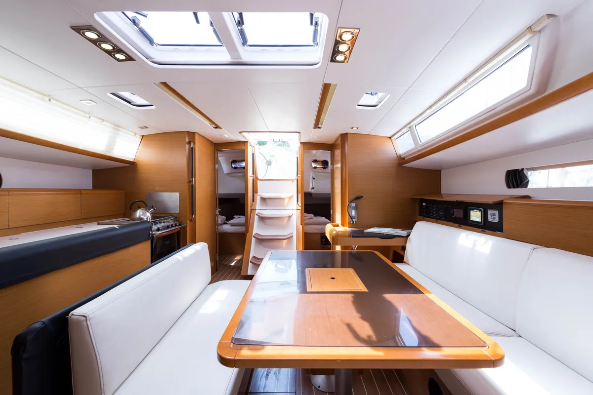 Salon of Vega, a Jeanneau Sun Odyssey 469 sailboat at Municipal Unit of Nea Peramos, Greece