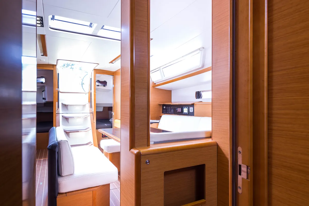 Salon of Vega, a Jeanneau Sun Odyssey 469 sailboat at Municipal Unit of Nea Peramos, Greece