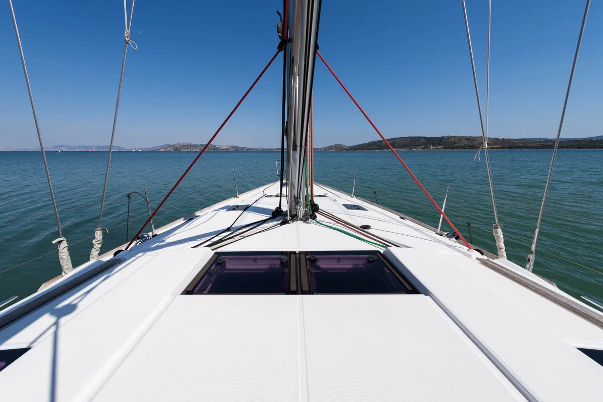 Deck of Vega, a Jeanneau Sun Odyssey 469 sailboat at Municipal Unit of Nea Peramos, Greece