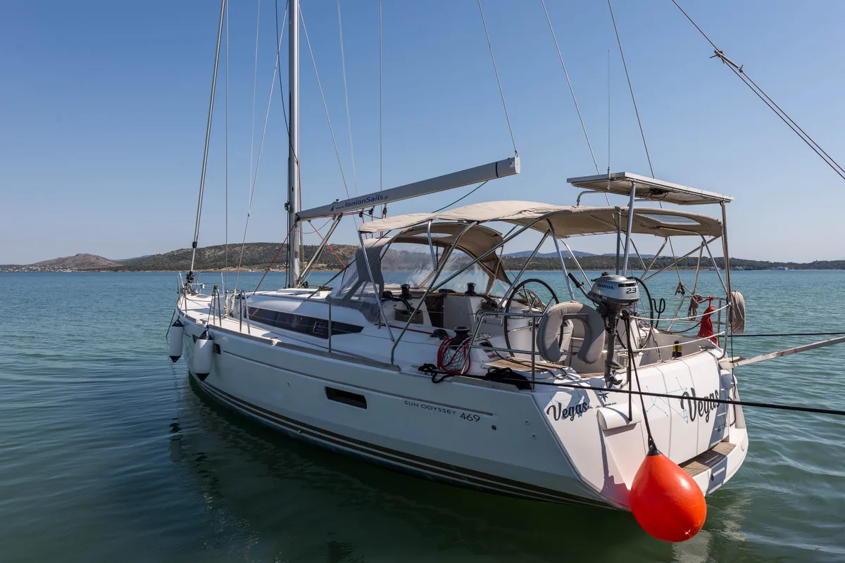 Exterior view of Vega, a Jeanneau Sun Odyssey 469 sailboat at Municipal Unit of Nea Peramos, Greece