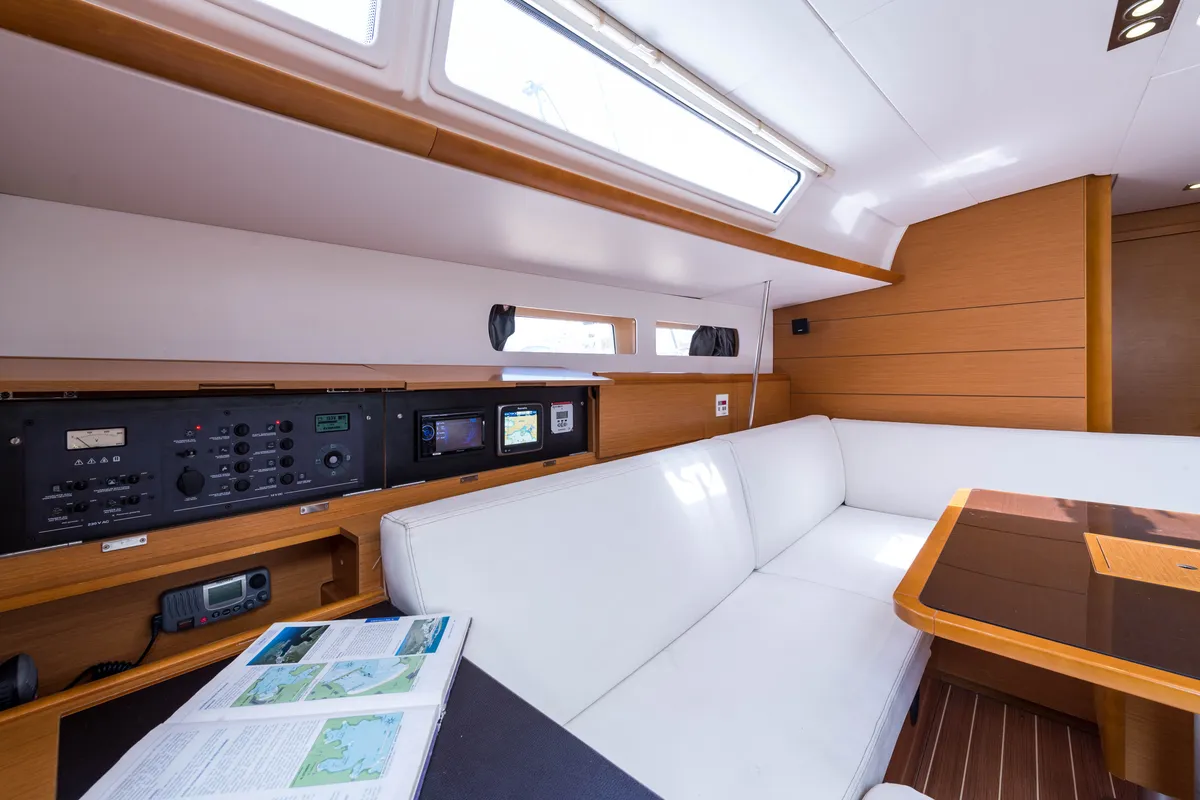 Salon of Vega, a Jeanneau Sun Odyssey 469 sailboat at Municipal Unit of Nea Peramos, Greece