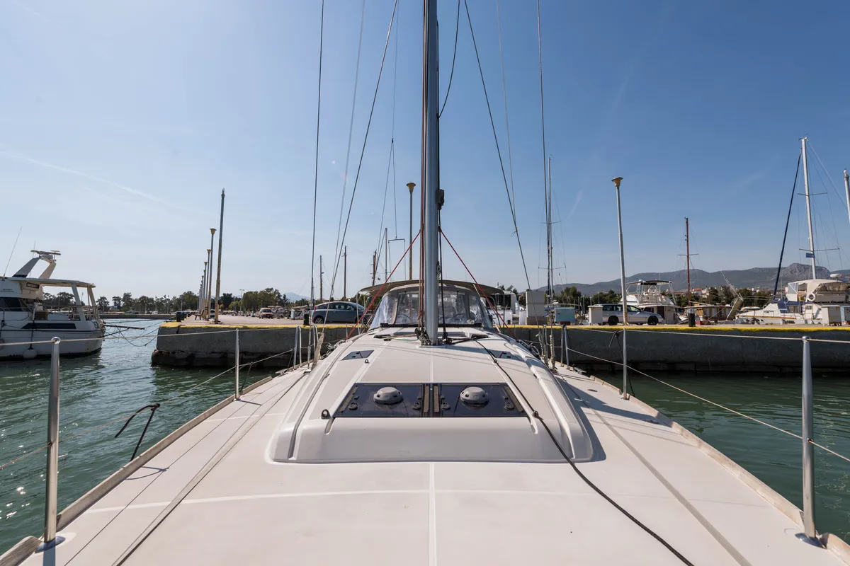 Exterior view of Vega, a Jeanneau Sun Odyssey 469 sailboat at Municipal Unit of Nea Peramos, Greece