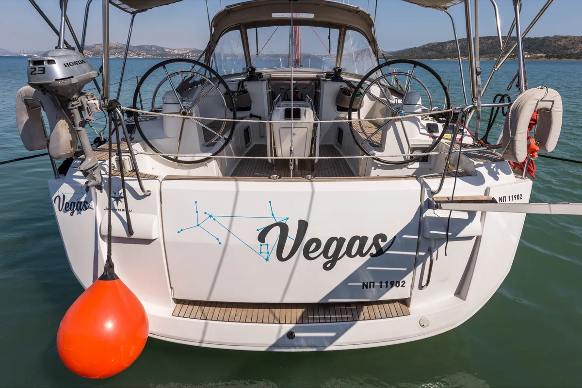 Exterior view of Vega, a Jeanneau Sun Odyssey 469 sailboat at Municipal Unit of Nea Peramos, Greece