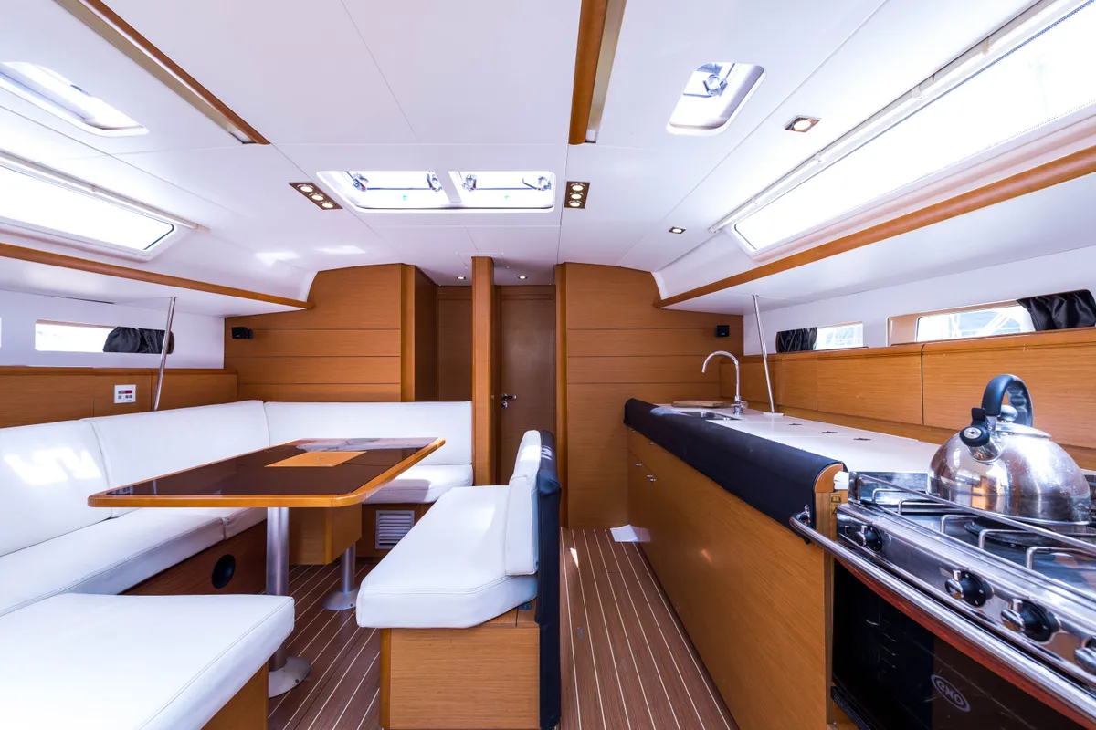 Salon of Vega, a Jeanneau Sun Odyssey 469 sailboat at Municipal Unit of Nea Peramos, Greece