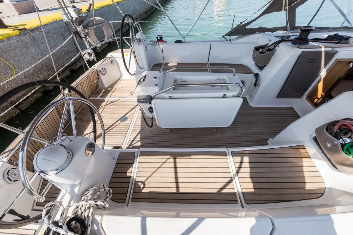 Deck of Vega, a Jeanneau Sun Odyssey 469 sailboat at Municipal Unit of Nea Peramos, Greece