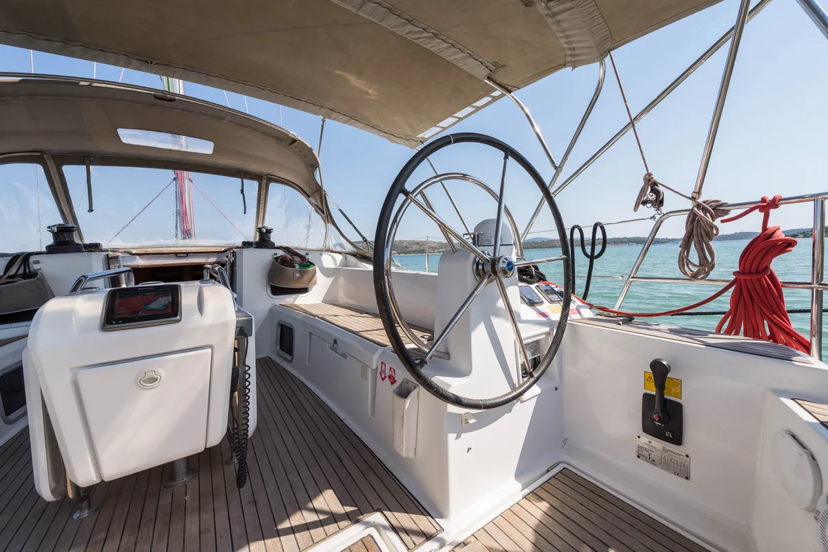 Cockpit of Vega, a Jeanneau Sun Odyssey 469 sailboat at Municipal Unit of Nea Peramos, Greece