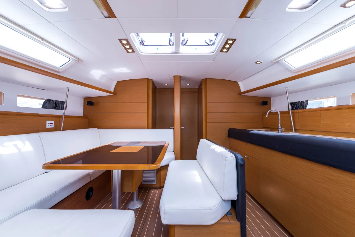 Salon of Vega, a Jeanneau Sun Odyssey 469 sailboat at Municipal Unit of Nea Peramos, Greece