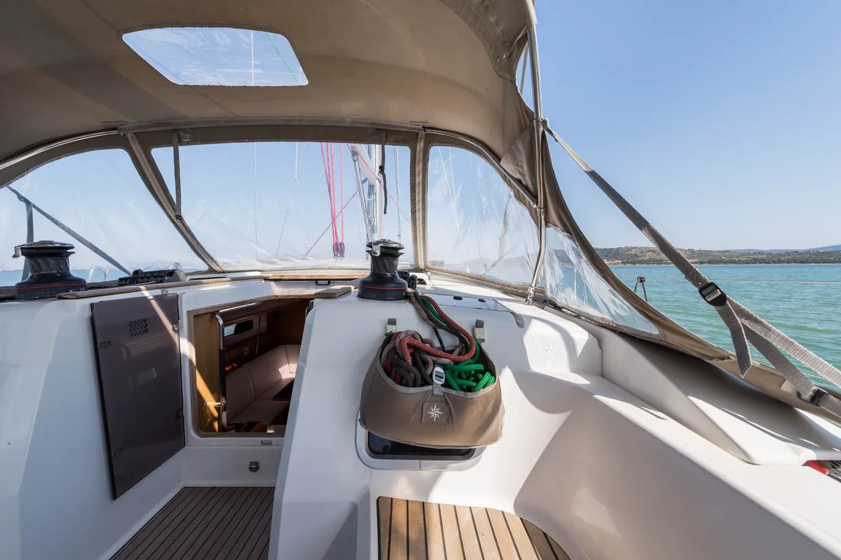Cockpit of Vega, a Jeanneau Sun Odyssey 469 sailboat at Municipal Unit of Nea Peramos, Greece
