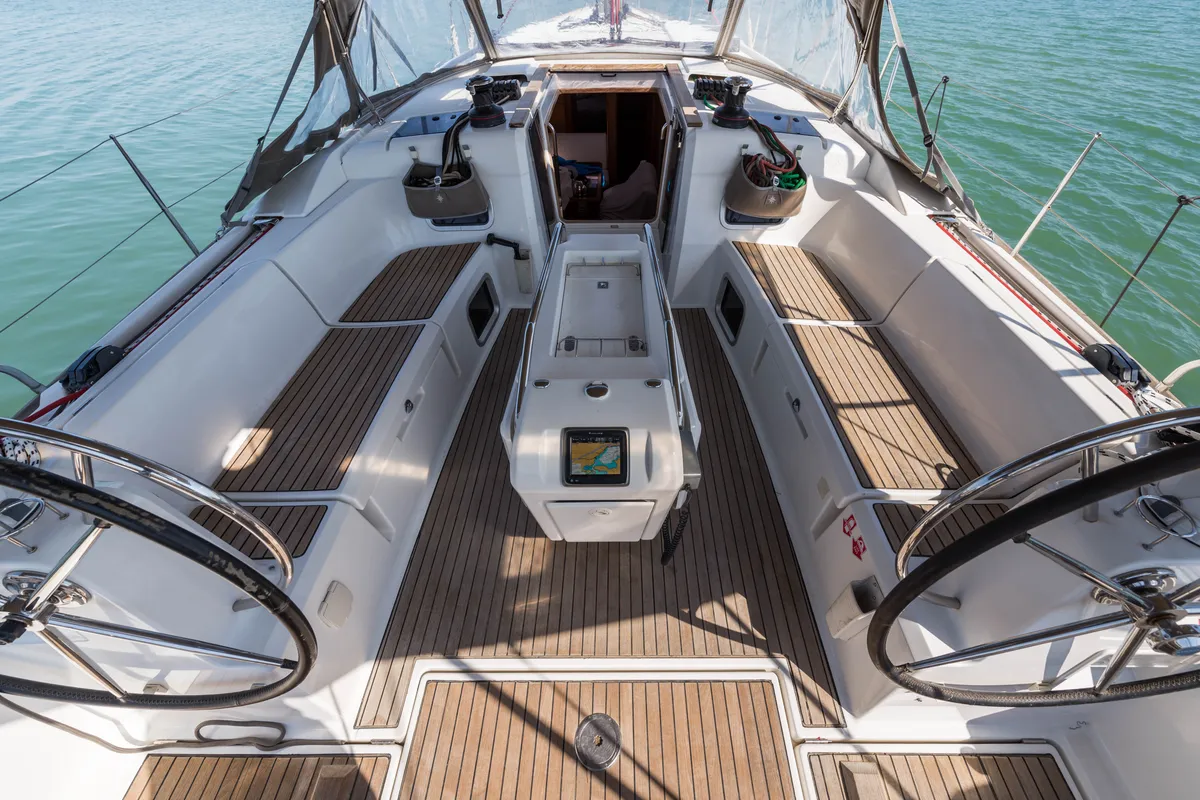 Cockpit of Vega, a Jeanneau Sun Odyssey 469 sailboat at Municipal Unit of Nea Peramos, Greece