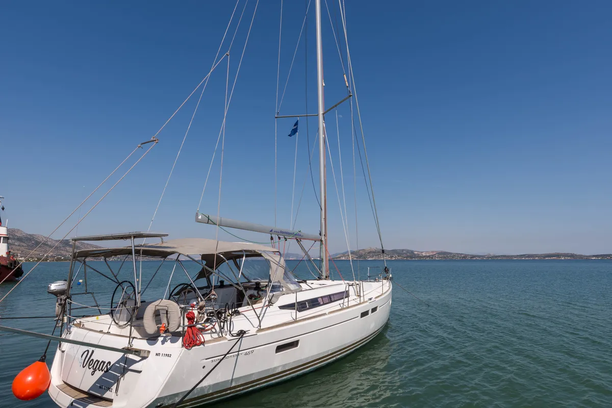 Exterior view of Vega, a Jeanneau Sun Odyssey 469 sailboat at Municipal Unit of Nea Peramos, Greece