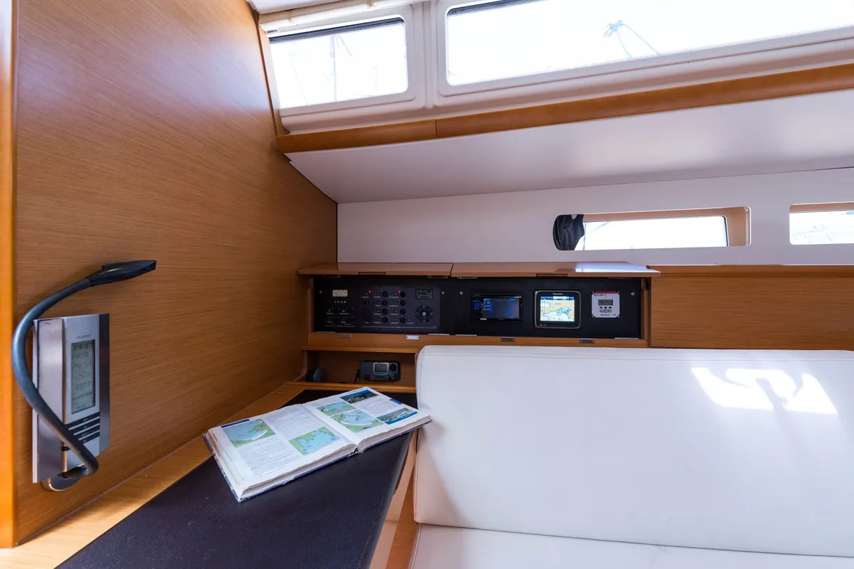 Salon of Vega, a Jeanneau Sun Odyssey 469 sailboat at Municipal Unit of Nea Peramos, Greece