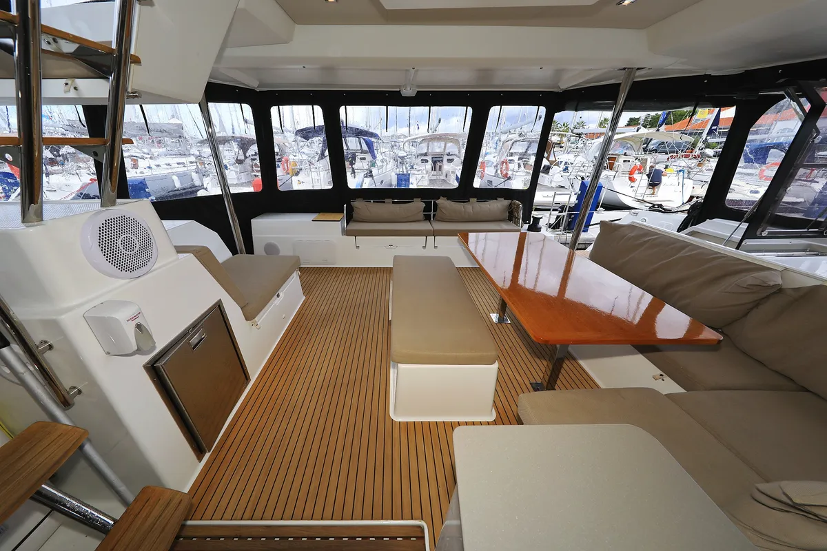 Salon of Aquarius, a Fountaine Pajot Saona 47 Quintet catamaran at Grad Biograd na Moru, Croatia