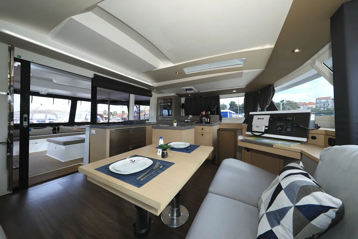 Salon of Aquarius, a Fountaine Pajot Saona 47 Quintet catamaran at Grad Biograd na Moru, Croatia